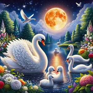 Famille cygnes clair de lune