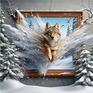Loup neige sort du cadre