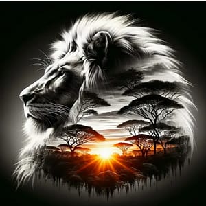 Tête lion savane soir