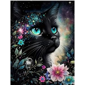 Tête chat noir fleurs