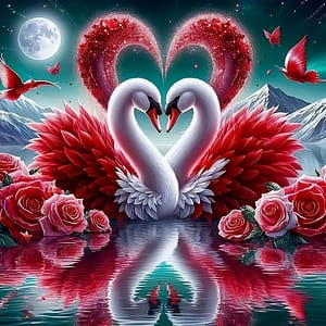 Cygnes coeurs et roses