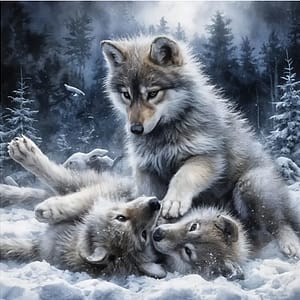 Louve et petits neige