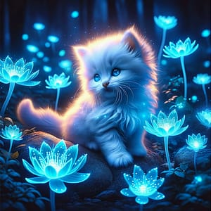 Chaton nuit fleurs bleues