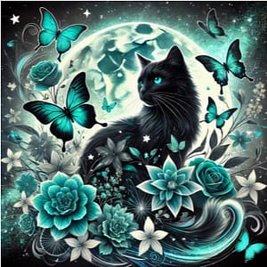 Chat noir papillons
