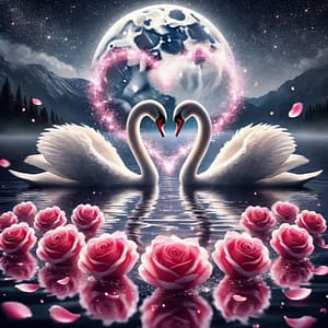2 Cygnes lune et roses