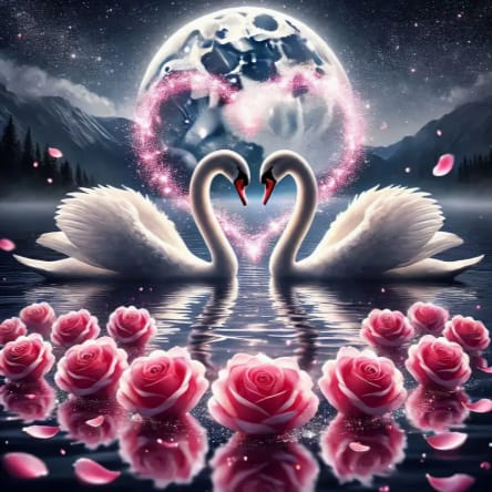 2 Cygnes lune et roses