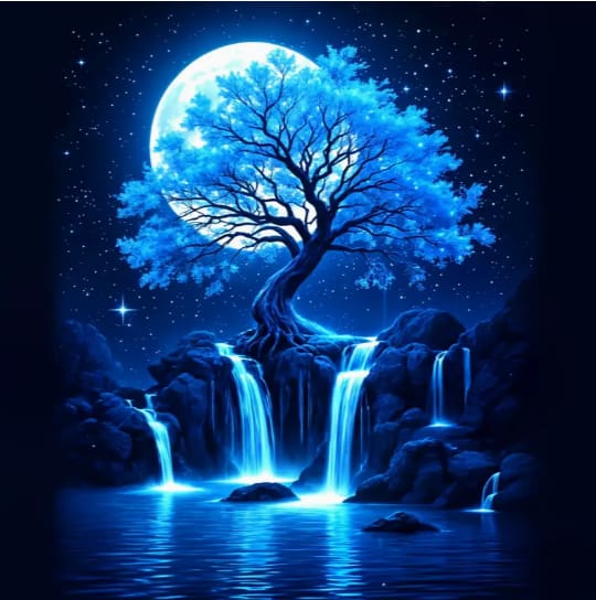Cascade arbre nuit bleue