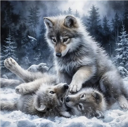 Louve et petits neige