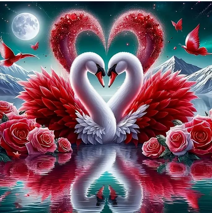 Cygnes coeurs et roses