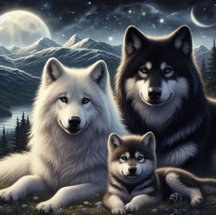 Famille huskies nuit