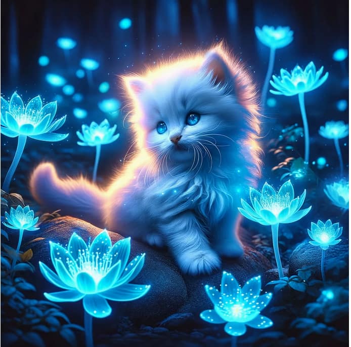 Chaton nuit fleurs bleues